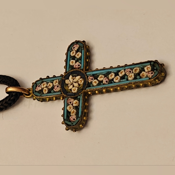 Antique Italian Mosaic Cross Pendant Necklace - Picture 7 of 14